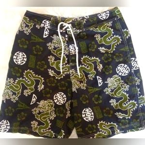 Vibrant Green and Blue Dragon Print Swim Trunks